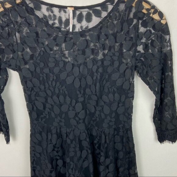 Free People Black Floral Lace Eyelet Dress Size 0 Sheer Floral Bohemian Mini‎ - Picture 9 of 14